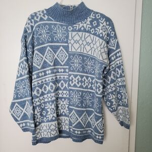 Vtg Fair Isle Light Blue & White Patterned Women's 3/4 Sleeve  Sweater Sz M